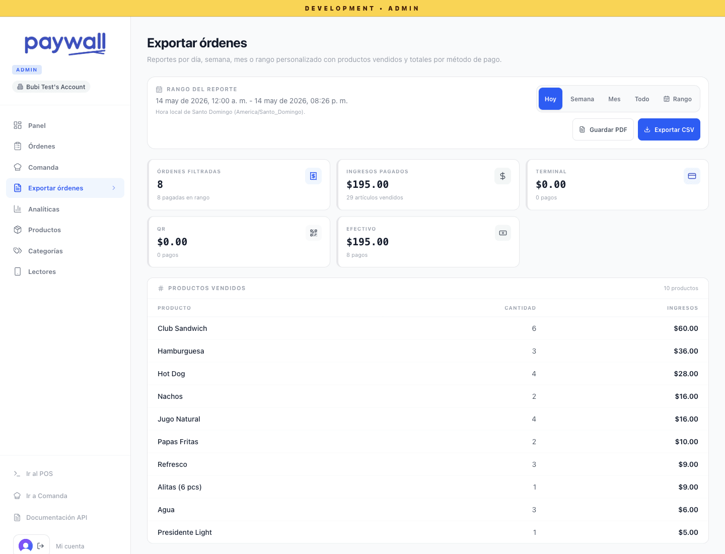 Página real para exportar órdenes en Paywall POS