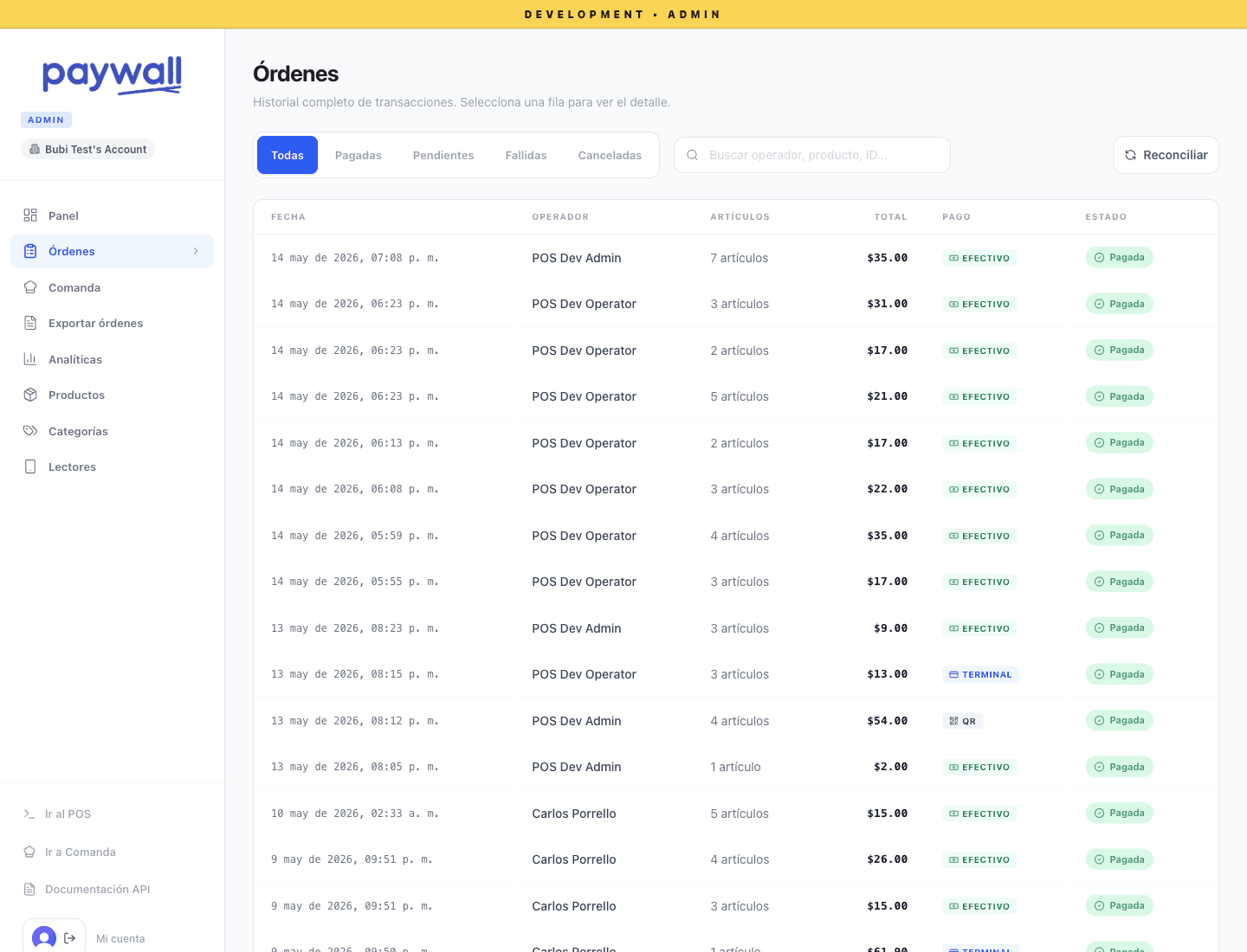 Página real de órdenes administrativas en Paywall POS