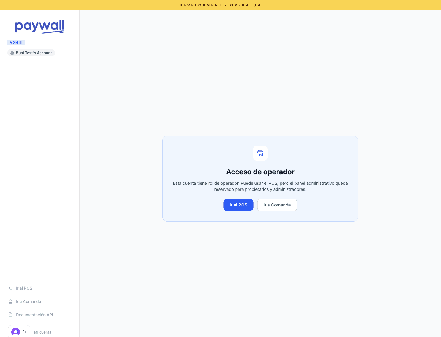 Pantalla real que bloquea el panel administrativo para operador